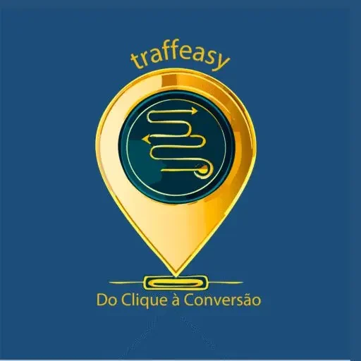 Logotipo da Traffeasy em azul petróleo com detalhe dourado, empresa de gestão de tráfego pago, SEO e criação de sites
